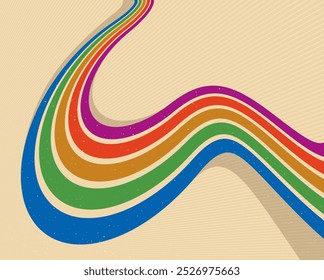 Retro style abstract background with curve lines in all colors of rainbow, 3D dimensional seventieth vector art.