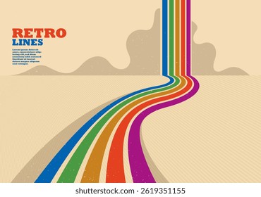 Retro style abstract background with curve lines in all colors of rainbow, 3D dimensional seventieth vector art.