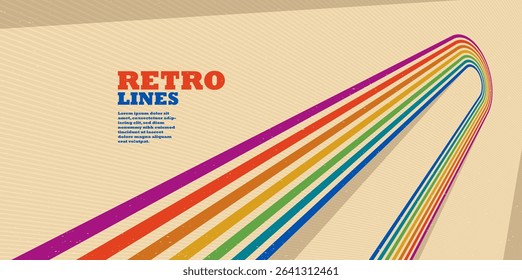 Retro style abstract background with curve lines in all colors of rainbow, 3D dimensional seventieth vector art.