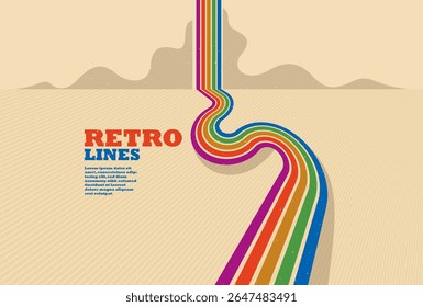 Fondo abstracto de estilo retro con líneas curvas en todos los colores del arco iris, Arte vectorial septuagésimo dimensional 3D.