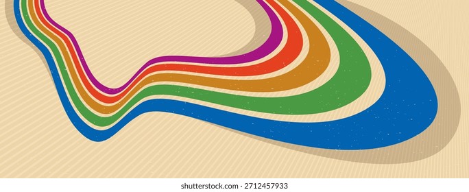 Fondo abstracto de estilo retro con líneas curvas en todos los colores del arco iris, Arte vectorial septuagésimo dimensional 3D.