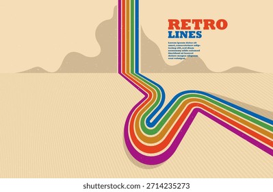 Retro style abstract background with curve lines in all colors of rainbow, 3D dimensional seventieth vector art.