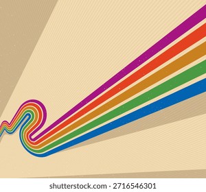 Retro style abstract background with curve lines in all colors of rainbow, 3D dimensional seventieth vector art.