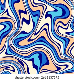 A retro style abstract background with flowing, liquid like waves in shades of blue, peach, and cream.
