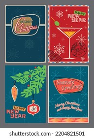Retro Style Abstract Christmas And New Year Greeting Cards Set 