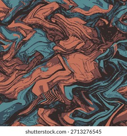 Abstrakte, fließende Textur im Retro-Stil mit Wellen aus blauem und orangefarbenem Terrakotta-Marmor. Lebendige abstrakte Flüssigkeit wirbeln Muster mit bunten verzerrten Wellen und psychedelischen Stil.