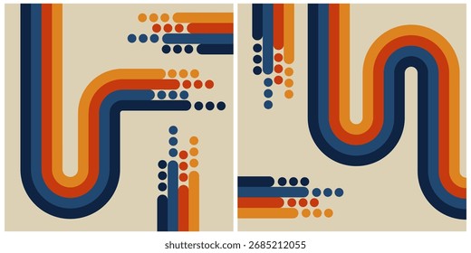 Abstraktes geometrisches Retro-Design mit lebhaften gekrümmten Linien und warmen Farben	

