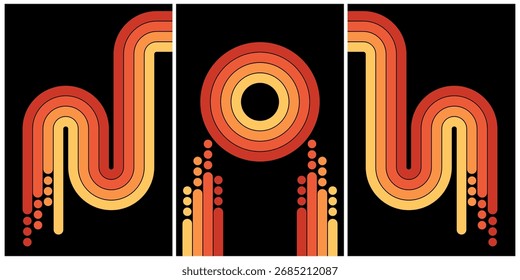 Estilo retrô Abstrato Design Geométrico com linhas curvas vibrantes e cores quentes	
