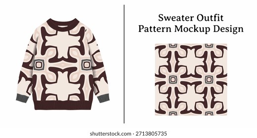Un estilo retro, patrón geométrico abstracto sin costuras con Formas simétricas y entrelazadas en tonos terrosos de marrón oscuro, beige, crema y gris, que se muestra en una maqueta de suéter.