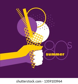 Retro style abstract ice cream vector illustration. Hand holding tasty wafer cone. Colorful geometric shapes and lettering collage. Summer fresh delicacy. Poster, banner design element