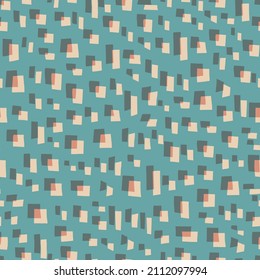 Retro Style Abstract Mosaic Seamless Pattern For Textile, Fabric, Wallpaper, Wrapping Paper Print And Other Design. Vector Repeat With Chaotic Stripes And Squares On Turquoise Blue Background.