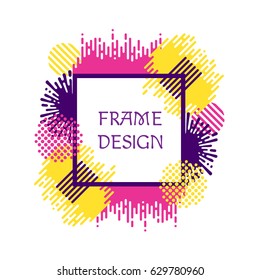 Retro style abstract square frame with dots, splashes, rounds. Decorative design for cover, brochure, card, poster, invitation, placard, flyer. Vector illustration.