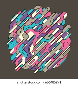 Retro style abstraction made of rounded designed shapes and paths in various colors. Vector illustration.
