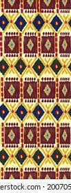 Retro style adras - traditional silk fabric in Uzbekistan, Central Asia. Ikat pattern. Textile product.  Ferghana valley. Handmade fabric. Old tradition. Fashion industry.