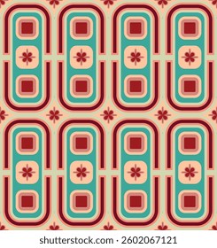 Retro Style Aesthetic of Y2K and vintage, soft and bright colors together sets, geometric abstract stars, rectangle, square, seamless vector pattern, trendy, fashionable, aztec motif, 