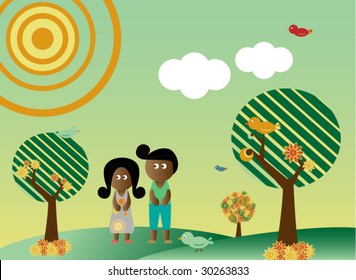 Retro style african american couple in a background with tree, sun, clouds, flowers and birds