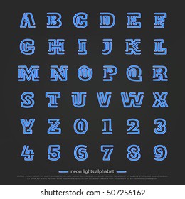 retro style alphabet letters and numbers isolated on black background. vector, neon lights font type design. glowing lettering symbols. night club typesetting. street decoration typeface. vector fonts