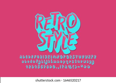 Retro style alphabet, pink blue vintage design. Stylized 3d vector font. Hand drawn uppercase and lowercase letters, numbers, punctuation marks