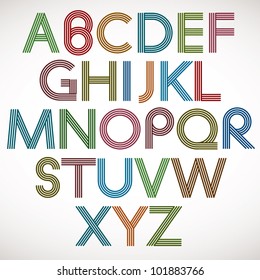 Retro style alphabet, striped letters vector typeface.