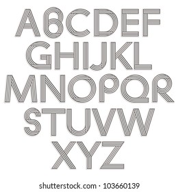 Retro style alphabet, striped letters vector typeface.