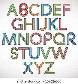 Retro style alphabet, striped letters vector typeface.