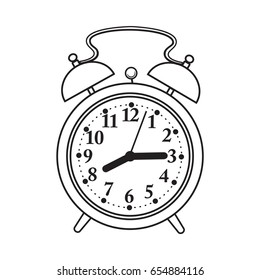 Retro style analog alarm clock, black and white sketch style vector illustration isolated on white background. Realistic hand drawing of analog retro, vintage alarm clock with two bells