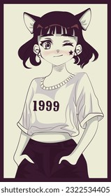 Retro style anime girl with cat ears