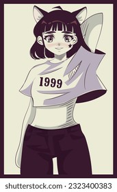 Retro style anime girl with cat ears . Cute anime girl with short dark hair