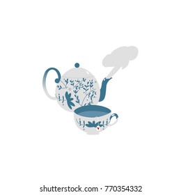 Retro style, antique decorated porcelain teapot and tea cup set, flat vector illustration isolated on white background. Flat style blue and white porcelain teapot with steaming hot tea and one cup
