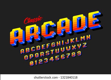 Retro style arcade games font, 80s video game alphabet letters and numbers vector illustration