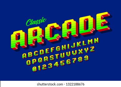 Retro Style Arcade Games Font, 80s Video Game Alphabet Letters And Numbers Vector Illustration