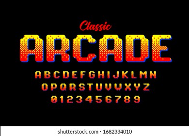 Retro style arcade games font, 80s video game alphabet letters and numbers vector illustration