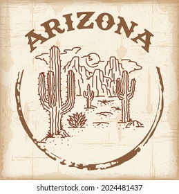 Retro style Arizona circle slogan and desert view with cactus illustration. Print design for t shirt, sticker, poster or other uses.