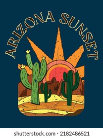 Retro style art print of Arizona sunset vibes. Arizona desert vector print design for t shirt and others. Vintage desert vibes vector art