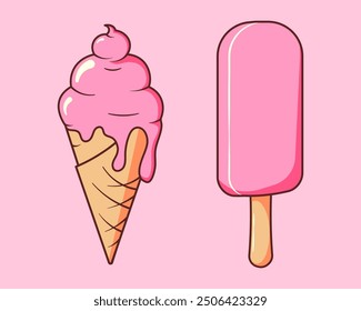 Retro style artwork featuring two cute ice cream, melting in summer heat