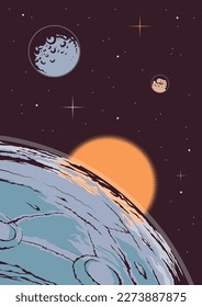 Astronomie-Illustration im Retro-Stil: Mond und Planeten