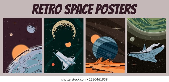 Retro Style Astronomy Outer Space Illustrations Set