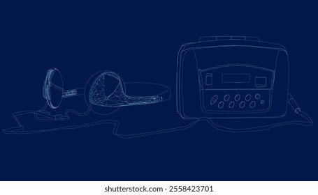 Retro style audio cassette, tape recorder, music player and headphones from 90s, sketch illustration isolated on blue background. Music player vector illustration