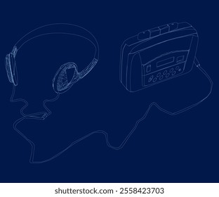 Retro style audio cassette, tape recorder, music player and headphones from 90s, sketch illustration isolated on blue background. Music player vector illustration