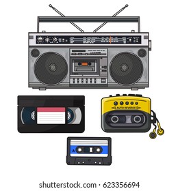 Retro Style Audio Cassette, Tape Recorder, Music Player And Videotape From 90s, Sketch Illustration Isolated On White Background. Hand Drawn Set Of Tape Recorder, Audio And Video Tape, Music Player