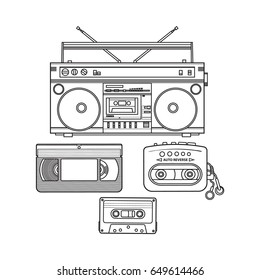 Retro Style Audio Cassette, Tape Recorder, Music Player And Videotape From 90s, Sketch Illustration Isolated On White Background. Hand Drawn Set Of Tape Recorder, Audio And Video Tape, Music Player