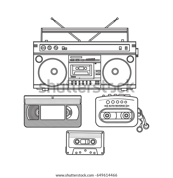 90年代のレトロなスタイルのオーディオカセット テープレコーダー 音楽プレーヤー ビデオテープ 白い背景にスケッチイラスト テープ レコーダー オーディオおよびビデオテープ 音楽プレーヤーの手描きのセット のベクター画像素材 ロイヤリティフリー