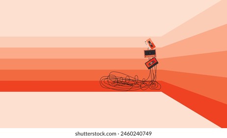 Retro style audio cassette tapes with strip line, flat design illustration. suitable for vintage background. isolated on orange background and have blank space for text