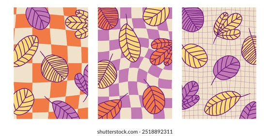 Retro style autumn posters collection with falling leaves. Perfect for banner, cover, label, card, sale. Modern template set in trendy geometric style.