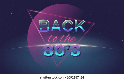 Retro style back to eighties banner. Vintage neon 80's or 90's poster. Music club or disco wallpaper. Background with Sun rising above planet. Purple and pink gradients, and shine metallic letters.