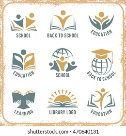 Retro style back to school logos set flat isolated vector illustration