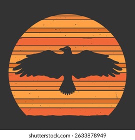 Retro style background with sunset and flying crow. Vintage grunge texture. Vector illustration