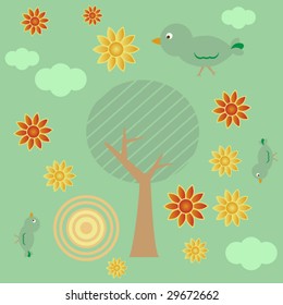 Retro style background with tree, sun, clouds, flowers and birds