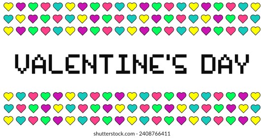Retro style background for Valentine's Day. White banner with isolated colorful hearts. Vector illustration.