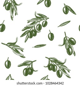 Retro style background. Vector vintage illustration with olive fruits bunch and olive branches with leaves isolated on white background. Sketch hand drawn olives. Seamless pattern. 